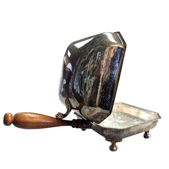 Antique Silver Footed Silent Butler Crumb Catcher Wood Handle - Picture 4 of 14